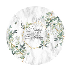 Aperturee - Green Leaves Round Grey Happy Birthday Party Backdrop