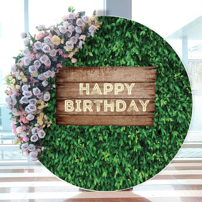 Aperturee - Green Leaves Wooden Circle Happy Birthday Backdrop