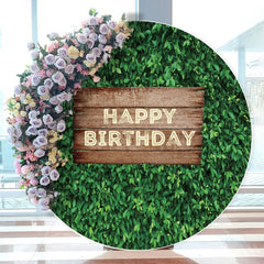 Aperturee - Green Leaves Wooden Circle Happy Birthday Backdrop