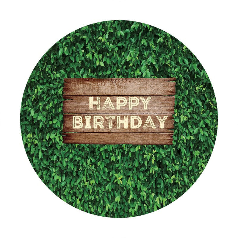 Aperturee - Green Leaves Wooden Circle Happy Birthday Backdrop