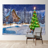Aperturee - Green Light Tree Snowy House Christmas Backdrop
