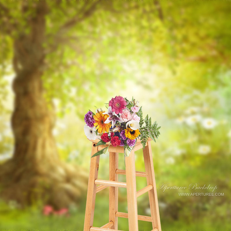 Aperturee - Green Tree White Flower Grass Spring Photo Backdrop