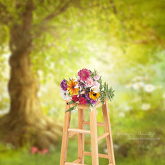 Aperturee - Green Tree White Flower Grass Spring Photo Backdrop