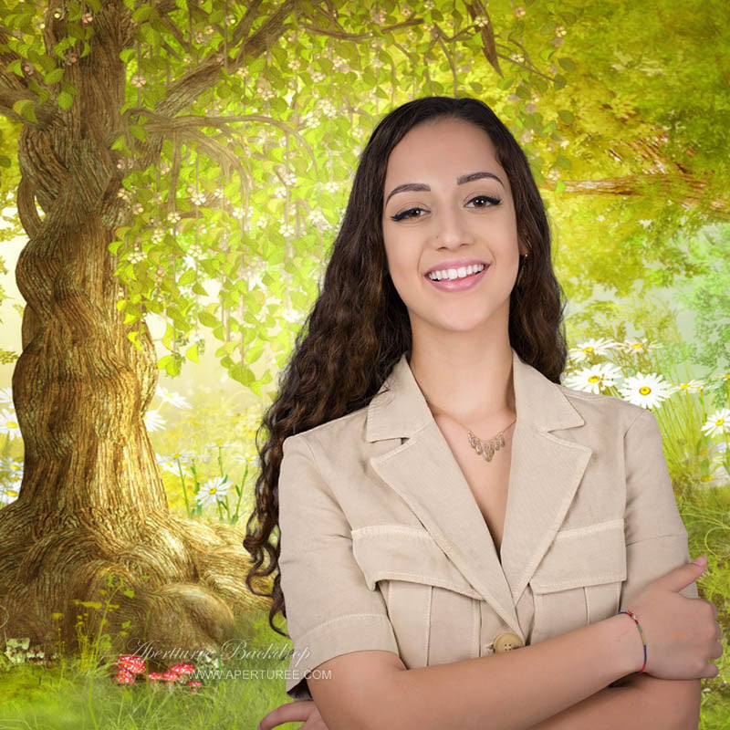 Aperturee - Green Tree White Flower Grass Spring Photo Backdrop