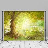 Aperturee - Green Tree White Flower Grass Spring Photo Backdrop
