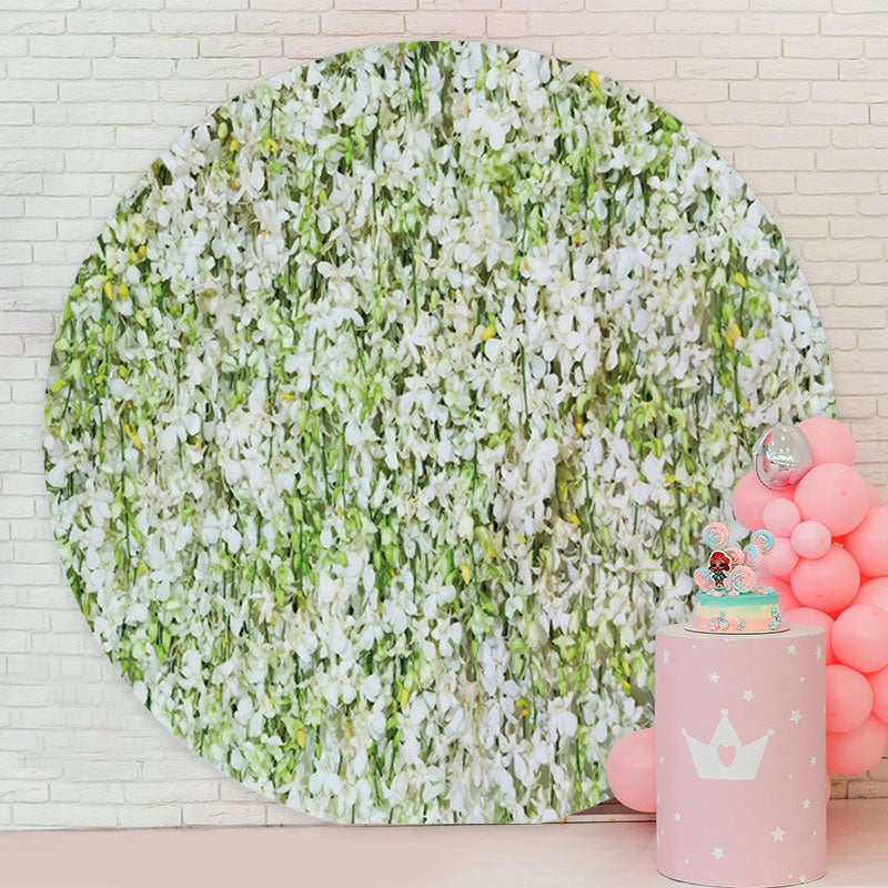 Aperturee - Green White Flower Round Happy Birthday Backdrop