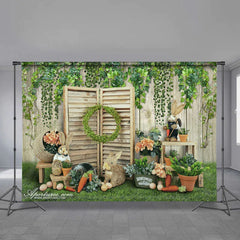 Aperturee - Green Wooden Yard Rabbit Happy Easter Backdrop
