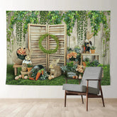 Aperturee - Green Wooden Yard Rabbit Happy Easter Backdrop