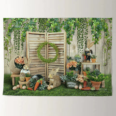 Aperturee - Green Wooden Yard Rabbit Happy Easter Backdrop