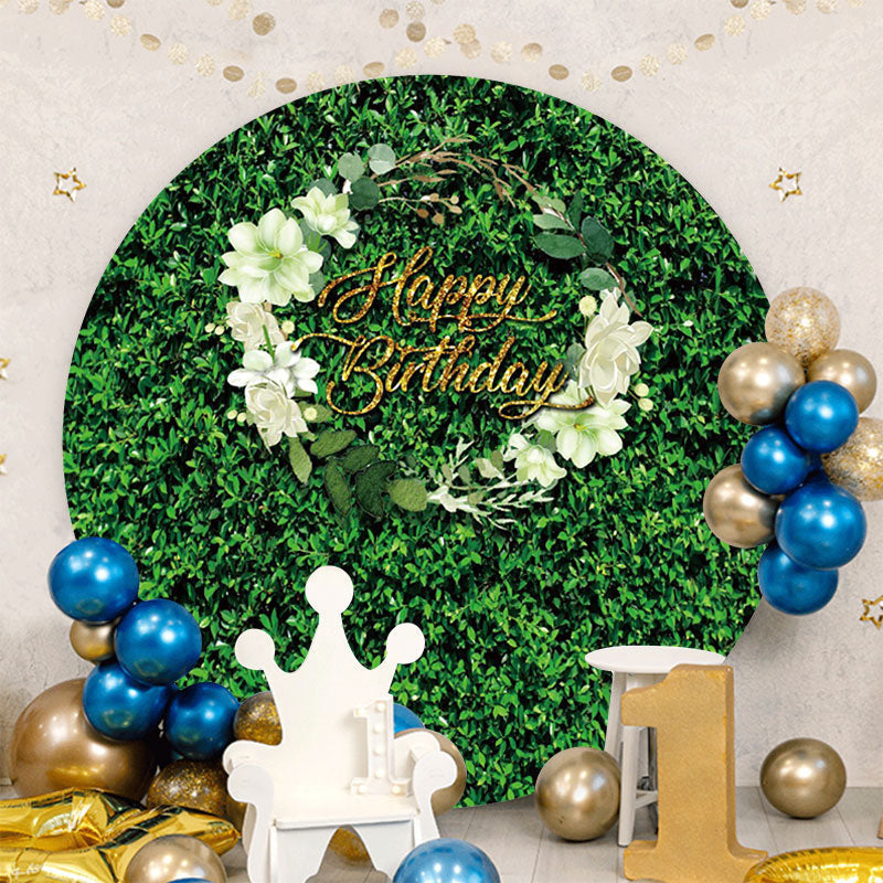Aperturee - Greeny Leaves Round Happy Birthday Backdrop