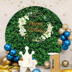 Aperturee - Greeny Leaves Round Happy Birthday Backdrop