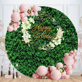 Aperturee - Greeny Leaves Round Happy Birthday Backdrop