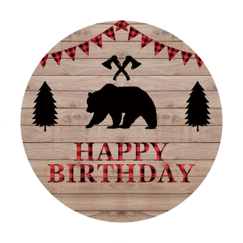 Aperturee - Jungle Bear Round Wood Happy Birthday Backdrop