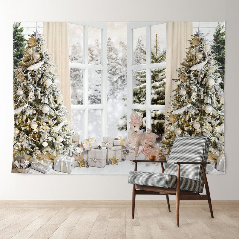 Aperturee - Khaki Curtain Window Snowy Tree Winter Backdrop
