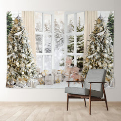 Aperturee - Khaki Curtain Window Snowy Tree Winter Backdrop