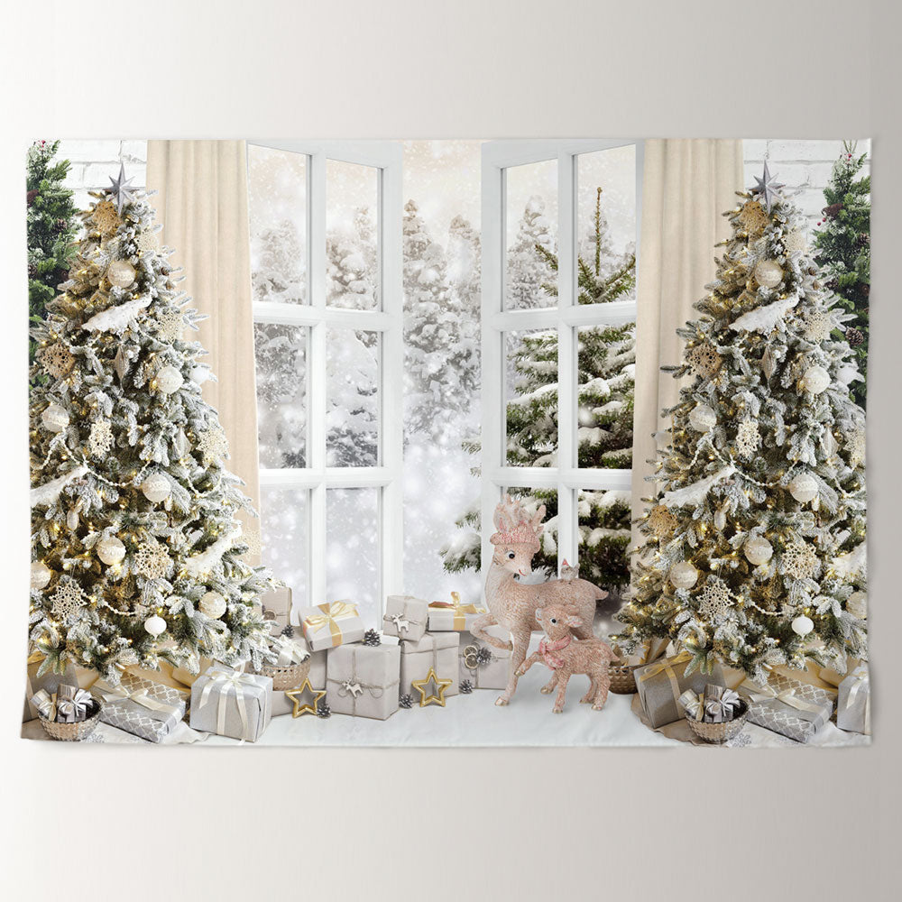 Aperturee - Khaki Curtain Window Snowy Tree Winter Backdrop