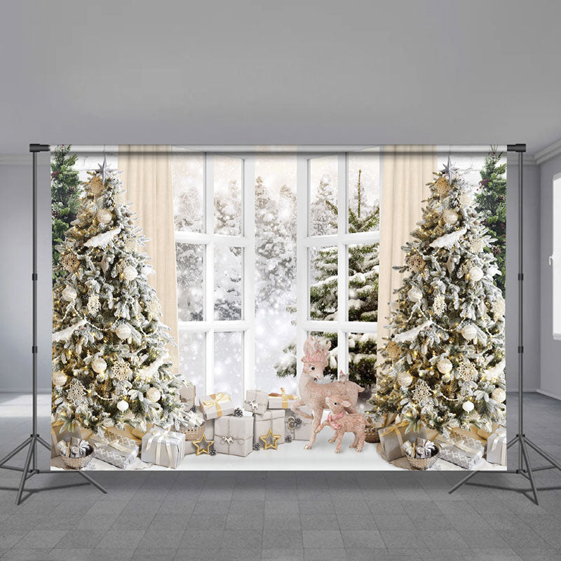 Aperturee - Khaki Curtain Window Snowy Tree Winter Backdrop