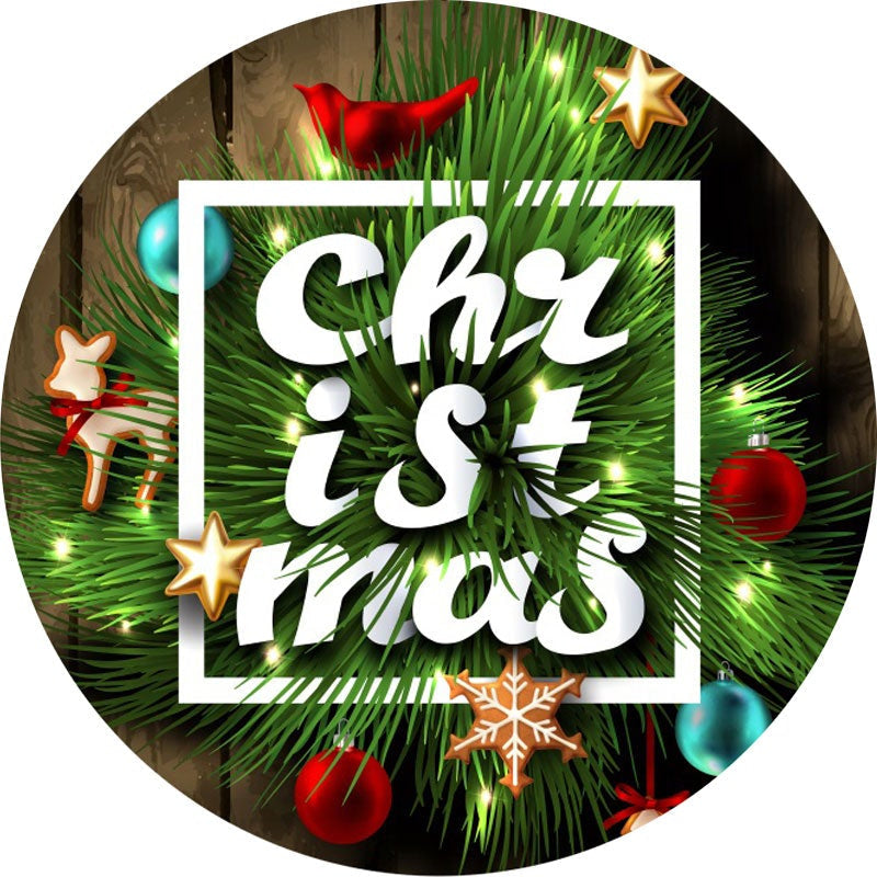 Aperturee - Light Green Leaves Round Wood Christmas Backdrop