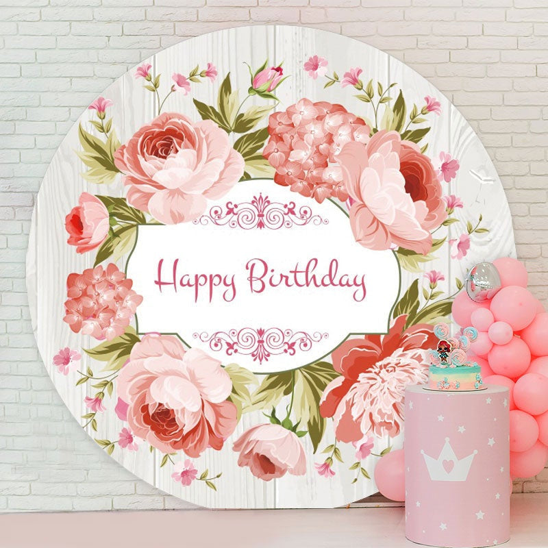 Aperturee - Light Pink Floral Round Wood Birthday Backdrop