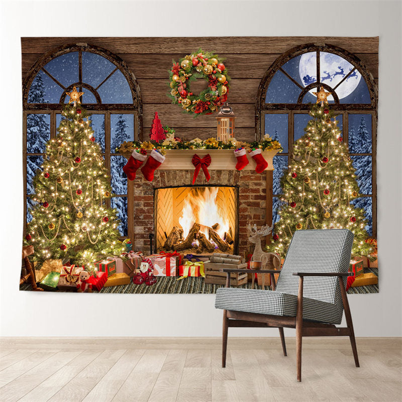 Aperturee - Light Tree Fireplace Moon Night Christmas Backdrop