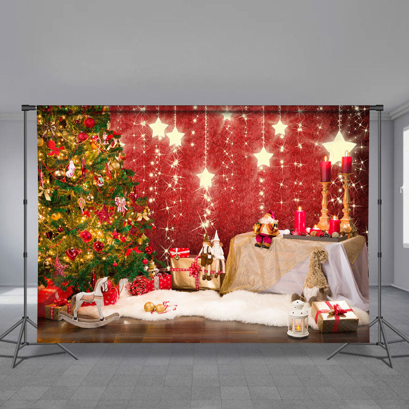Aperturee - Light Tree Gold Glitter Star Christmas Backdrop