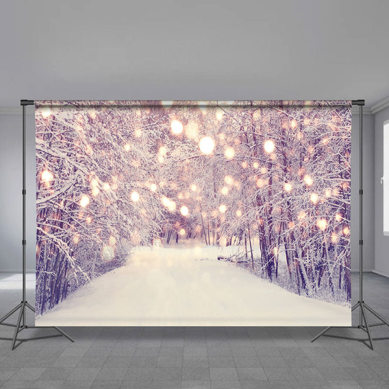 Aperturee - Nostalgic Snowy Tree Light Winter Scene Backdrop