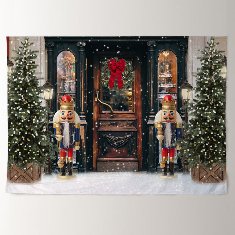 Aperturee - Nutcracker Door Vintage Trees Christmas Backdrop