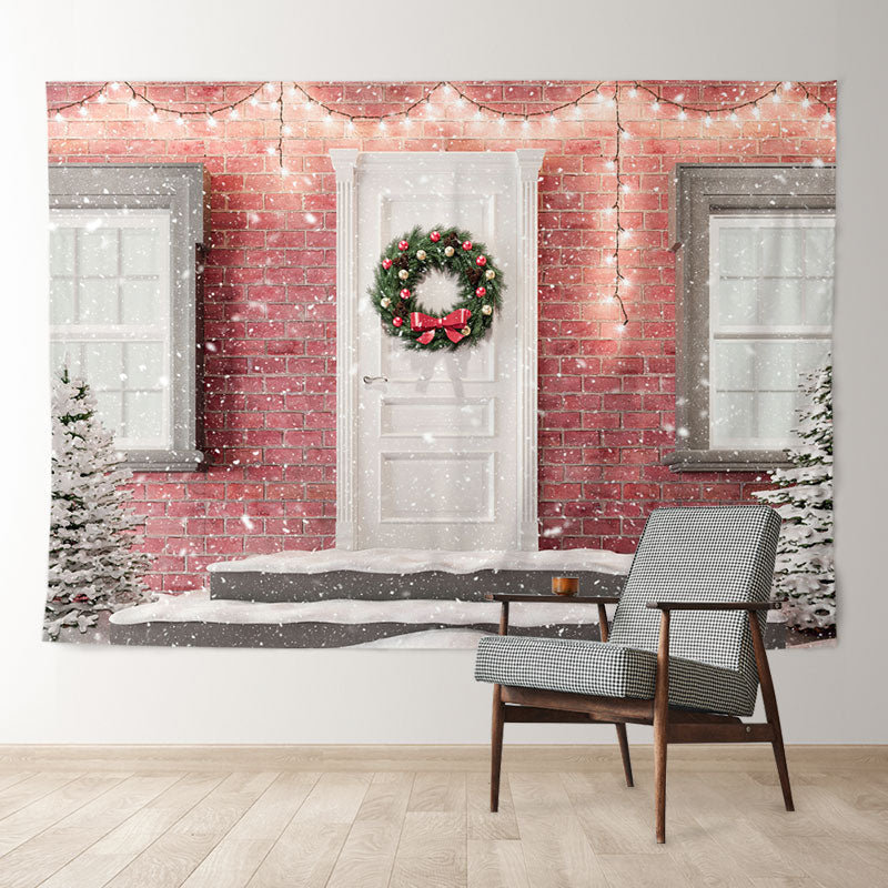 Aperturee - Pink Brick White Door Snowing Christmas Backdrop