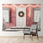 Aperturee - Pink Brick White Door Snowing Christmas Backdrop