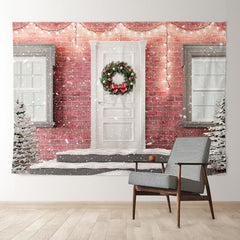Aperturee - Pink Brick White Door Snowing Christmas Backdrop