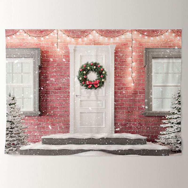 Aperturee - Pink Brick White Door Snowing Christmas Backdrop