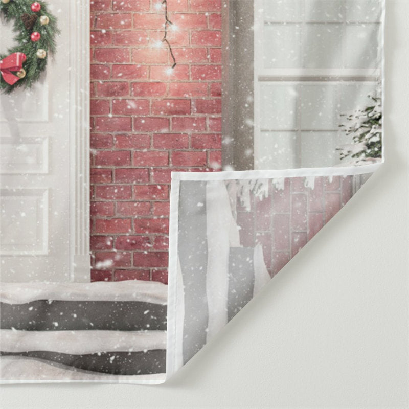 Aperturee - Pink Brick White Door Snowing Christmas Backdrop