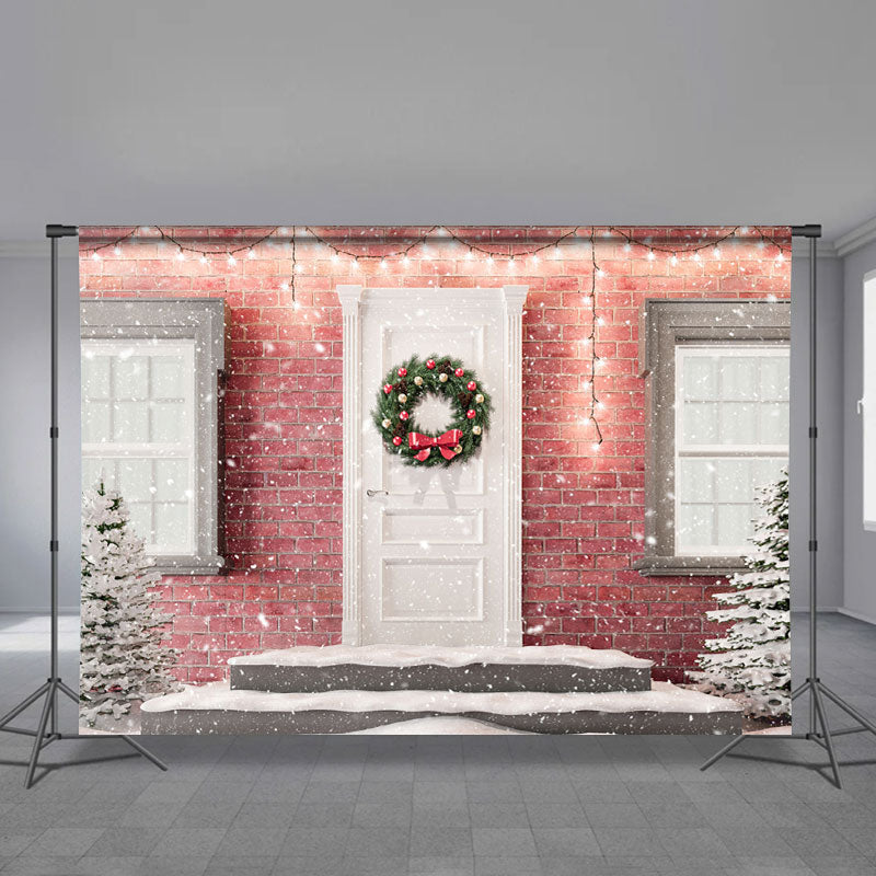 Aperturee - Pink Brick White Door Snowing Christmas Backdrop