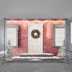 Aperturee - Pink Brick White Door Snowing Christmas Backdrop