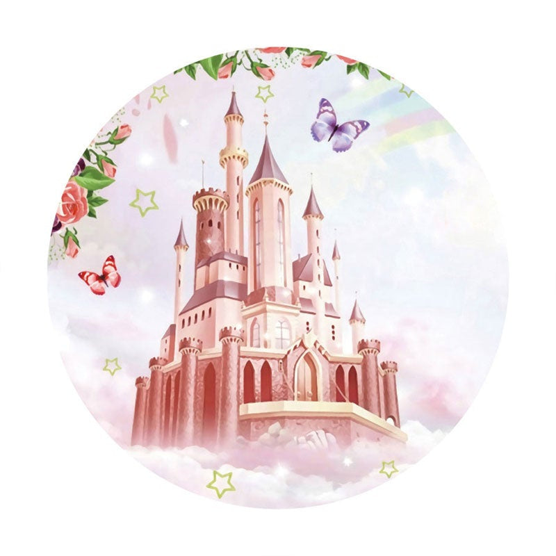 Aperturee - Pink Circel Castle Butterfly Floral Birthday Backdrop