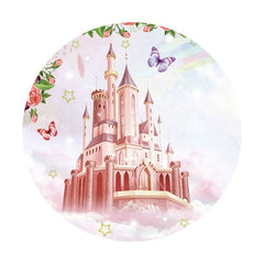 Aperturee - Pink Circel Castle Butterfly Floral Birthday Backdrop