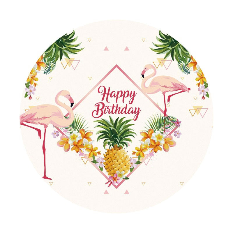 Aperturee - Pink Flamingo Round Happy Birthday Backdrops