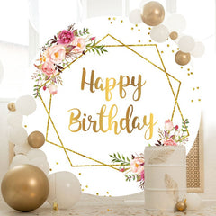 Aperturee - Pink Floral Gold Glitter Round Happy Birthday Backdrop