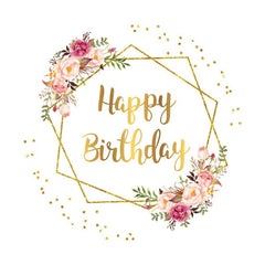 Aperturee - Pink Floral Gold Glitter Round Happy Birthday Backdrop