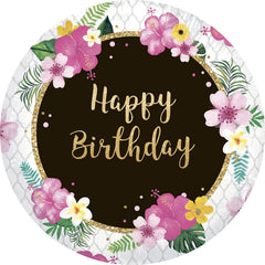 Aperturee - Pink Floral Round Black Happy Birthday Backdrop