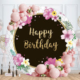 Aperturee - Pink Floral Round Black Happy Birthday Backdrop