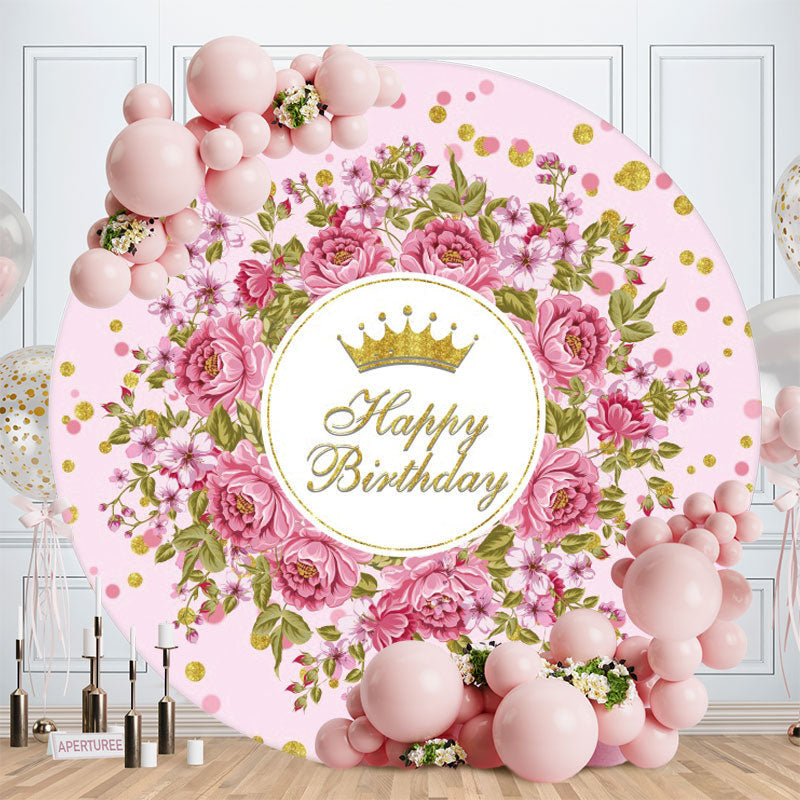 Aperturee - Pink Floral Round Gold Glitter Birthday Backdrop