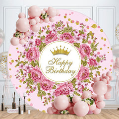 Aperturee - Pink Floral Round Gold Glitter Birthday Backdrop