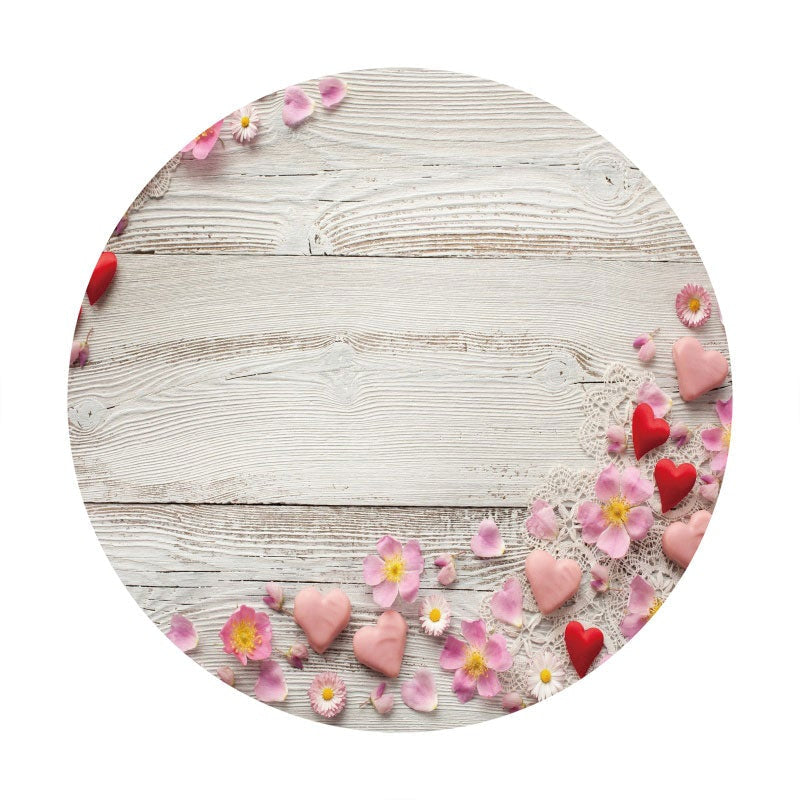 Aperturee - Pink Floral Round White Wood Birthday Backdrop