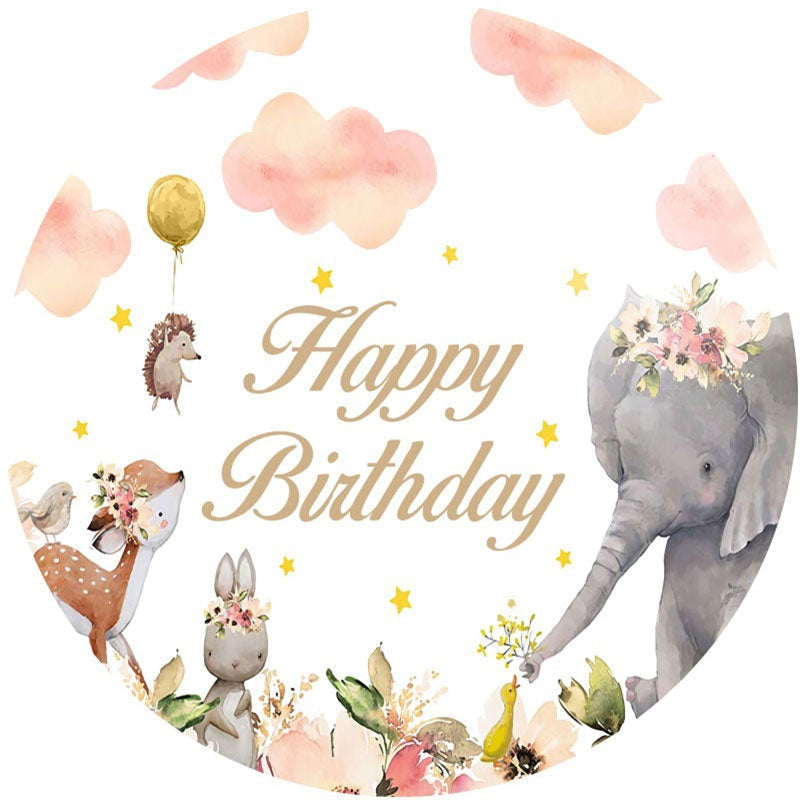 Aperturee - Pink Floral Safari Cloud Circle Happy Birthday Backdrop