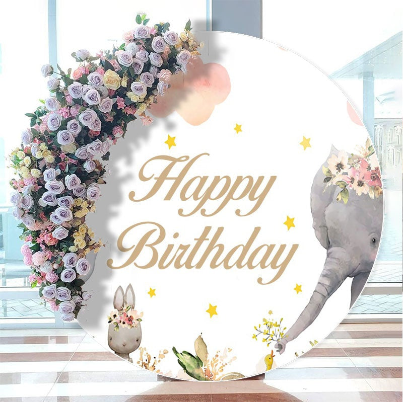 Aperturee - Pink Floral Safari Cloud Circle Happy Birthday Backdrop