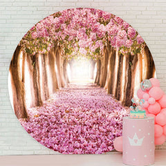 Aperturee - Pink Floral Trees Road Scenery Round Spring Backdrop