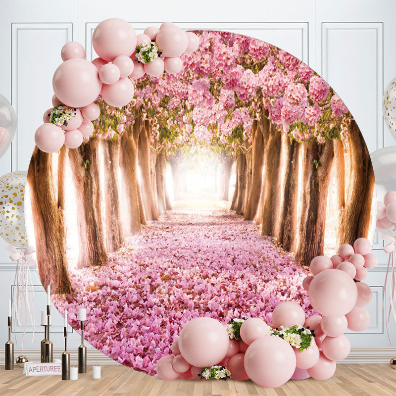 Aperturee - Pink Floral Trees Road Scenery Round Spring Backdrop