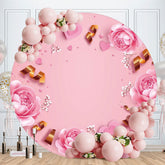 Aperturee - Pink Flower Theme Round Happy Birthday Backdrop