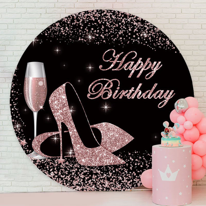 Aperturee - Pink Glitter Heels Round Black Birthday Backdrop